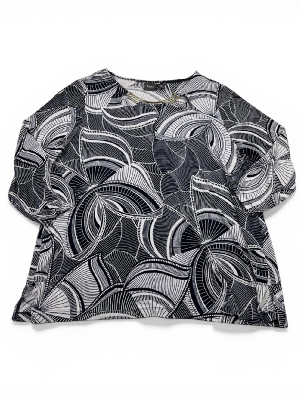 Chicos Travelers Blouse Blue White 3/4 Sleeve Wrinkle Resistant Work Top 2 LARGE